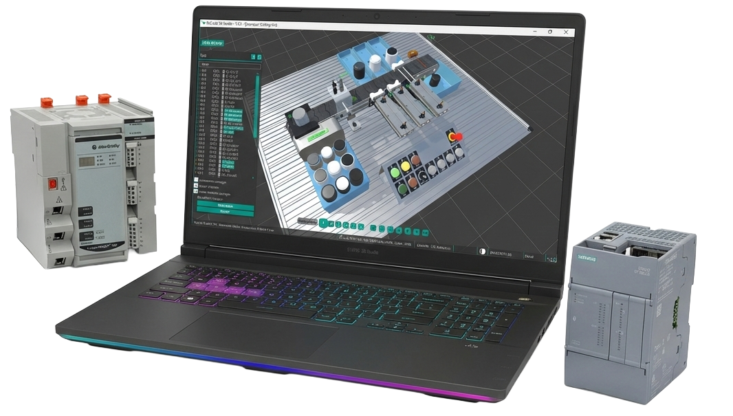 PLC-Lab 3D Studio software running on a laptop with PLC modules